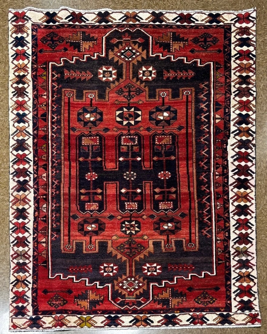 Hand-Knotted Persian Bakhtiari Tribal Geometric Wool Red Oriental Area Rug 5' x 6'11": Title:Hand-Knotted Persian Bakhtiari Tribal Geometric Wool Red Oriental Area Rug 5' x 6'11" Description:ï Rug Number: 253 ï Country of Origin: Iran ï Style, Design: Persian Bakhtiari, G