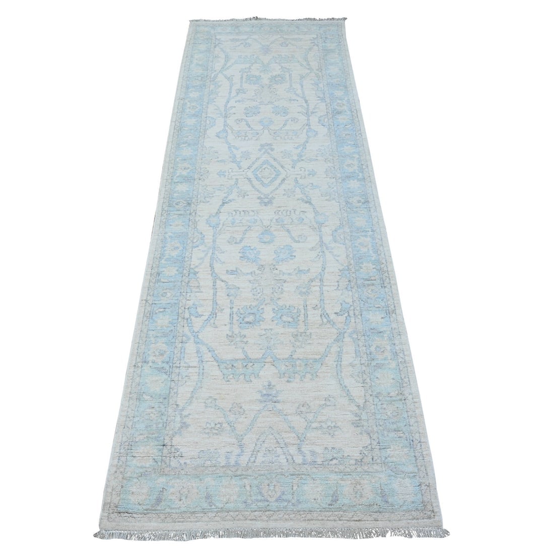 Nebulous White Hand Knotted Washed Out Peshawar Wool Runner Rug: Title: Nebulous White Hand Knotted Washed Out Peshawar Wool Runner Rug Description: This is a truly genuine one-of-a-kind. It has been Knotted for months and months in the centuries-old weaving crafts