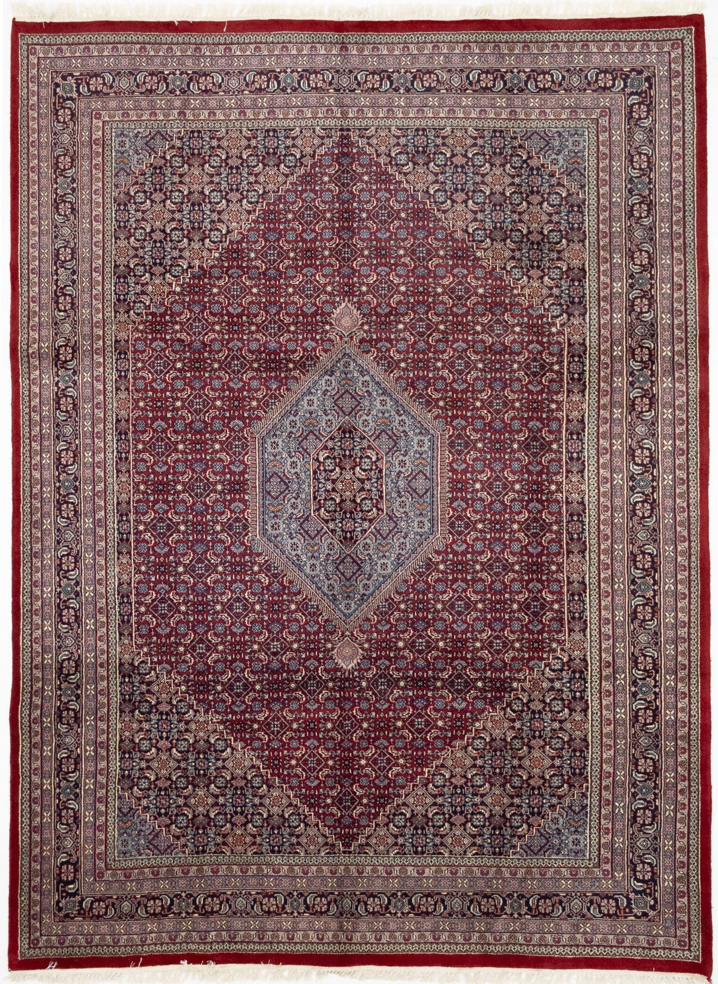 Red Floral Tribal 8'6X11'6 Indo-Bidjar Oriental Rug: Title: Red Floral Tribal 8'6X11'6 Indo-Bidjar Oriental Rug Description:Handmade 8'6X11'6 red oriental rug made with vegetable dyes (fine wool pile and cotton foundation), exceptional knot count, and a