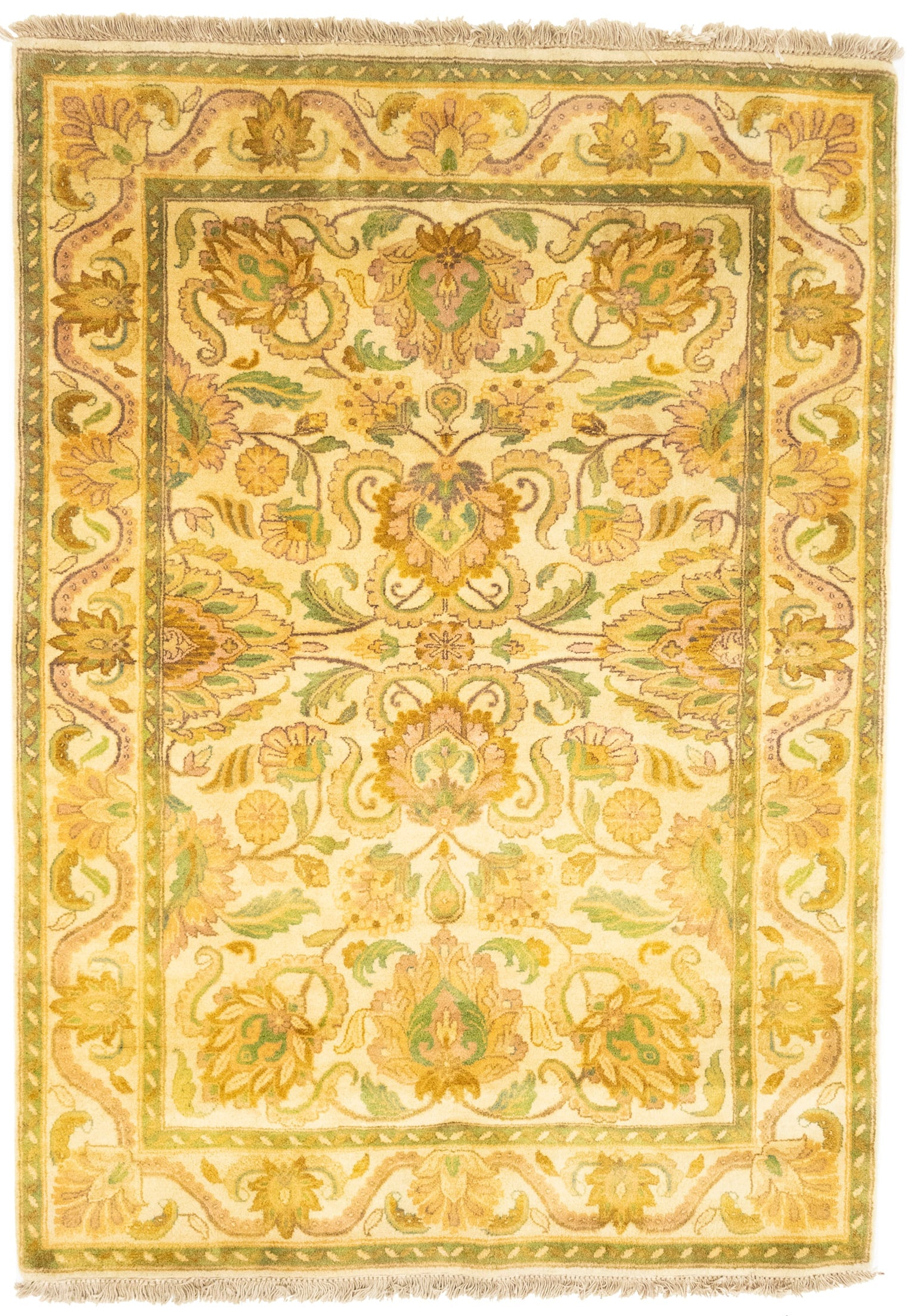 Golden Beige Floral Classic 4X6 Agra Jaipur Oriental Rug: Title: Golden Beige Floral Classic 4X6 Agra Jaipur Oriental Rug Description:Handmade 4X6 golden beige oriental rug made with vegetable dyes (fine wool pile and cotton foundation), exceptional knot cou