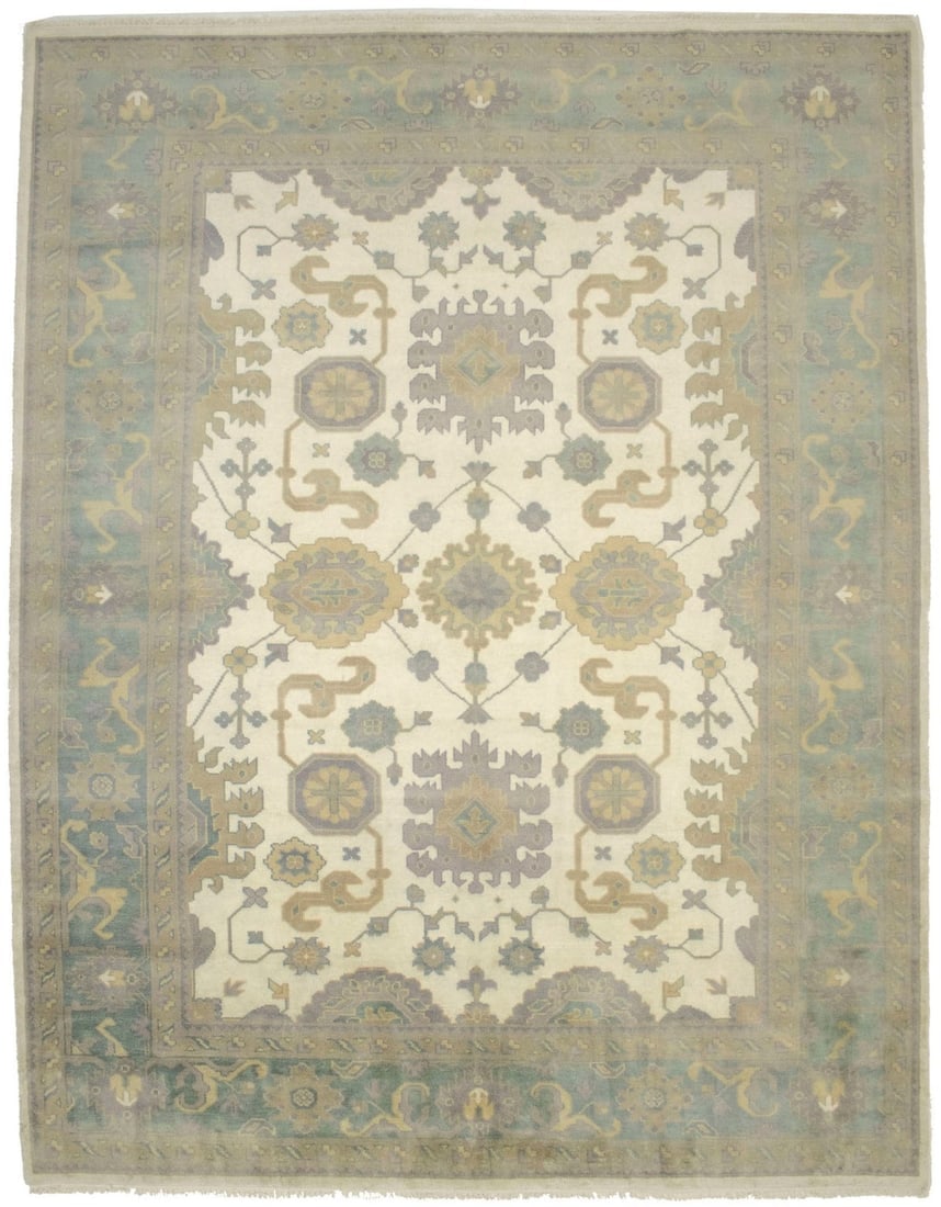 Cream Green Floral 9X12 Oushak Chobi Oriental Rug: Title: Cream Green Floral 9X12 Oushak Chobi Oriental Rug Description:Handmade 9X12 cream oriental rug made with vegetable dyes (fine wool pile and cotton foundation), exceptional knot count, and appea