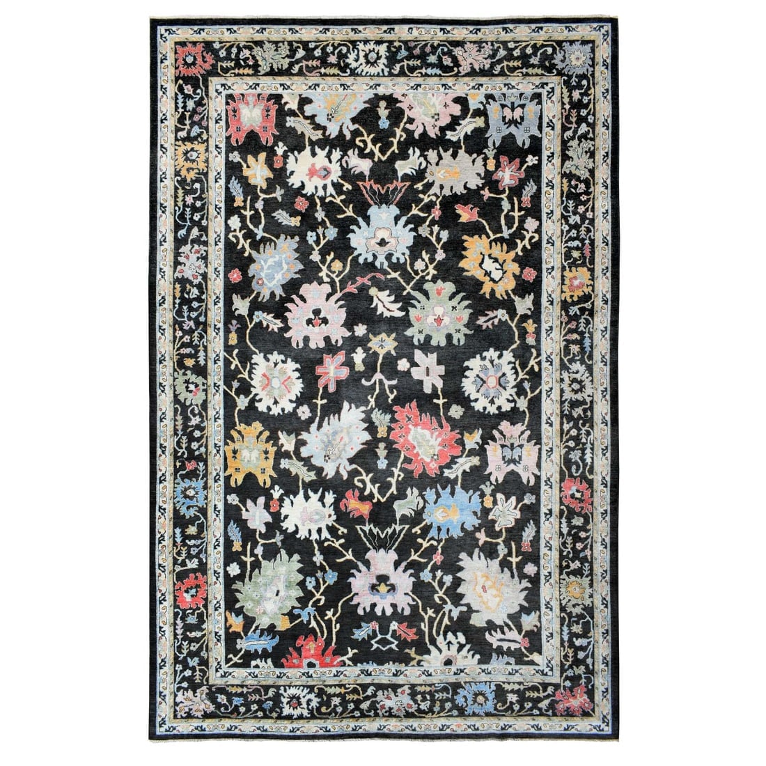 Olive Black, Afghan Angora Oushak Soft Wool Hand Knotted Oversized Rug: Title: Olive Black, Afghan Angora Oushak Soft Wool Hand Knotted Oversized Rug Description: This is a truly genuine one-of-a-kind. It has been Knotted for months and months in the centuries-old weaving