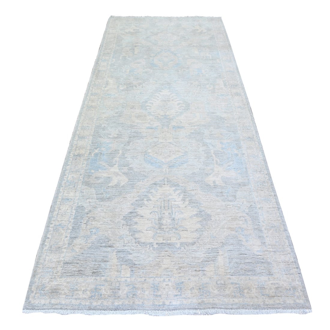 Cloud Gray Wool Washed Out Peshawar Hand Knotted Wide Runner Rug: Title: Cloud Gray Wool Washed Out Peshawar Hand Knotted Wide Runner Rug Description: This is a truly genuine one-of-a-kind. It has been Knotted for months and months in the centuries-old weaving craft