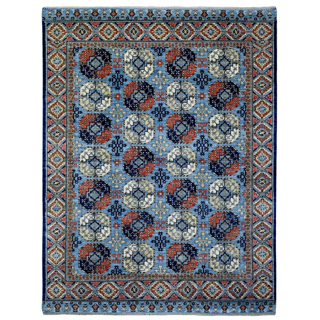 Hand Knotted Blue Afghan Ersari with Geometric Design Afghan Wool Rug: Title: Hand Knotted Blue Afghan Ersari with Geometric Design Afghan Wool Rug Description: This is a truly genuine one-of-a-kind. It has been Knotted for months and months in the centuries-old weaving