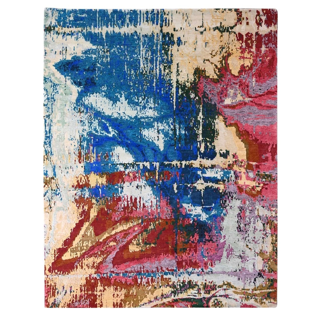 Blue Modern Abstract Design Shiny Wool Hand Knotted Oriental Rug: Title: Blue Modern Abstract Design Shiny Wool Hand Knotted Oriental Rug Description: This is a truly genuine one-of-a-kind. It has been Knotted for months and months in the centuries-old weaving craft