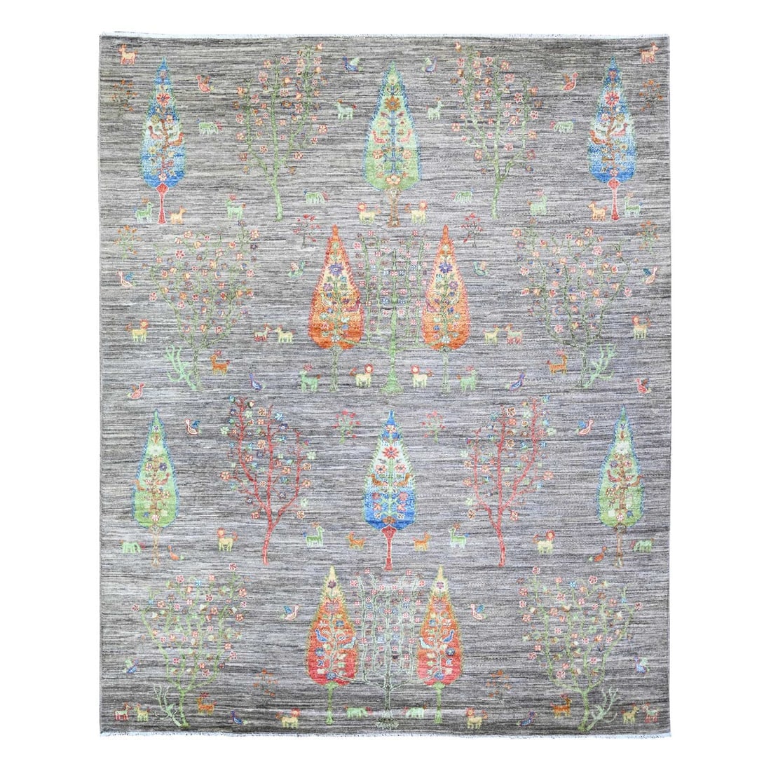 Wolf Gray Folk Art Willow Cypress Tree Design Wool Hand Knotted Rug: Title: Wolf Gray Folk Art Willow Cypress Tree Design Wool Hand Knotted Rug Description: This is a truly genuine one-of-a-kind. It has been Knotted for months and months in the centuries-old weaving cr