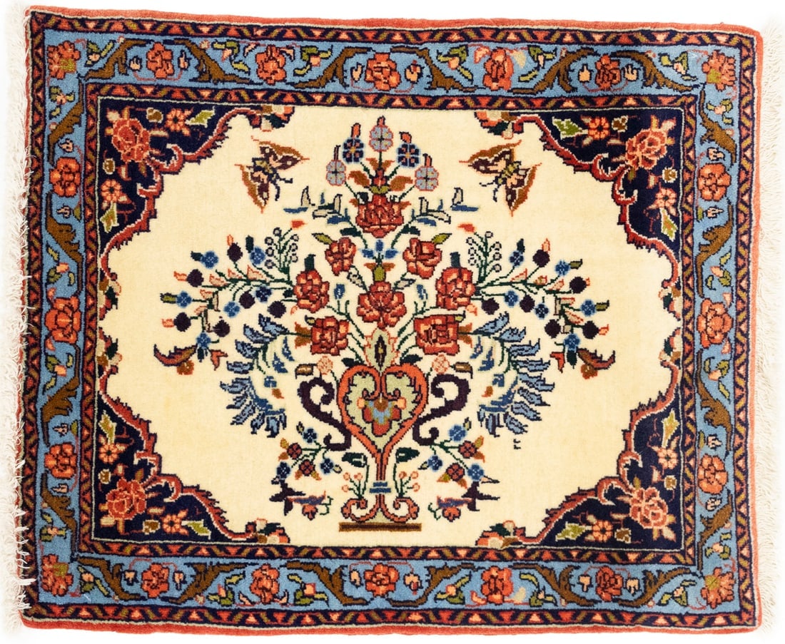 Cream Floral Tribal 2X2'3 Bidjar Halvaei Persian Rug: Title: Cream Floral Tribal 2X2'3 Bidjar Halvaei Persian Rug Description:Handmade 2X2'3 cream oriental rug made with vegetable dyes (fine wool pile and cotton foundation), exceptional knot count, and a