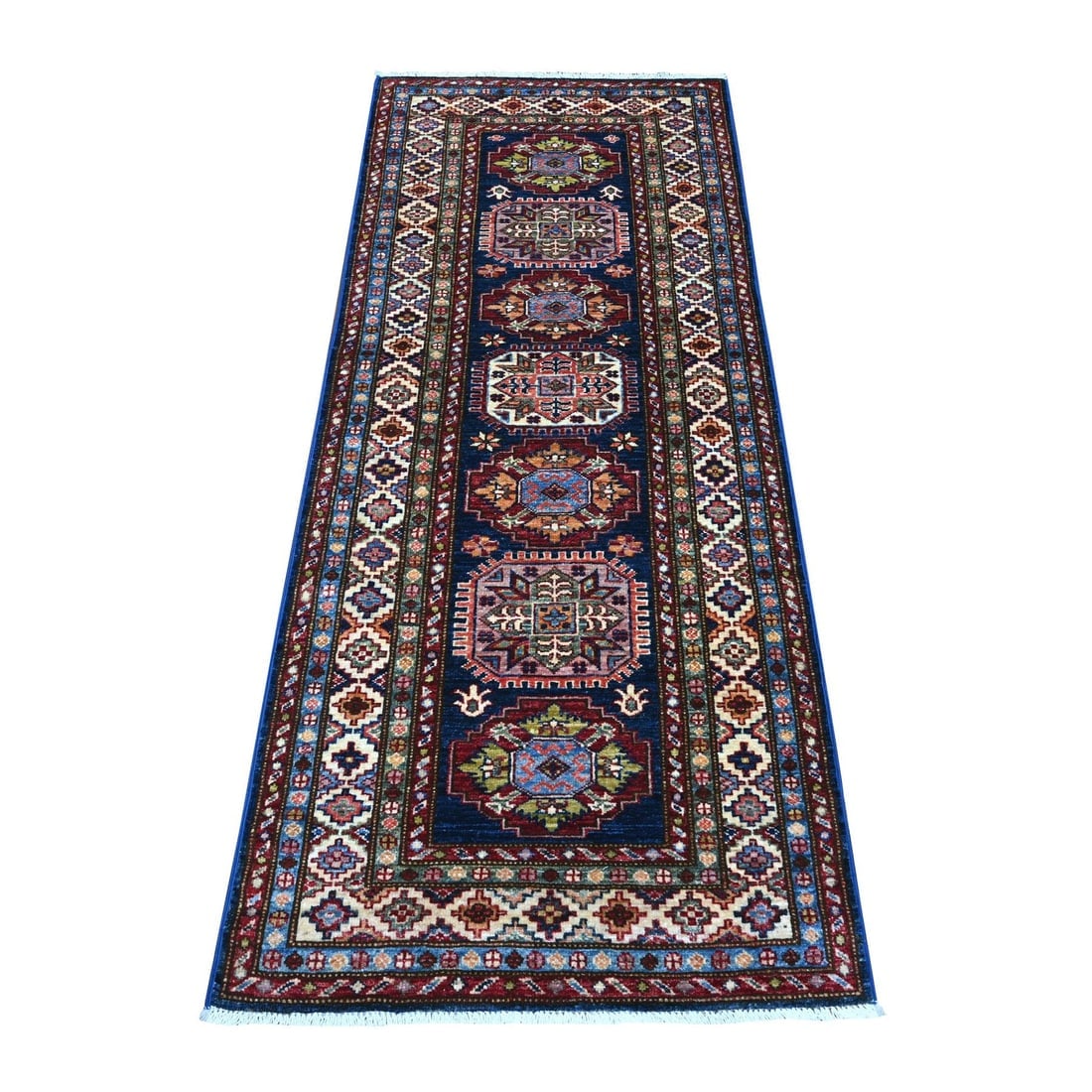 Yale Blue Afghan Super Kazak All Wool Hand Knotted Runner Oriental Rug: Title: Yale Blue Afghan Super Kazak All Wool Hand Knotted Runner Oriental Rug Description: This is a truly genuine one-of-a-kind. It has been Knotted for months and months in the centuries-old weaving