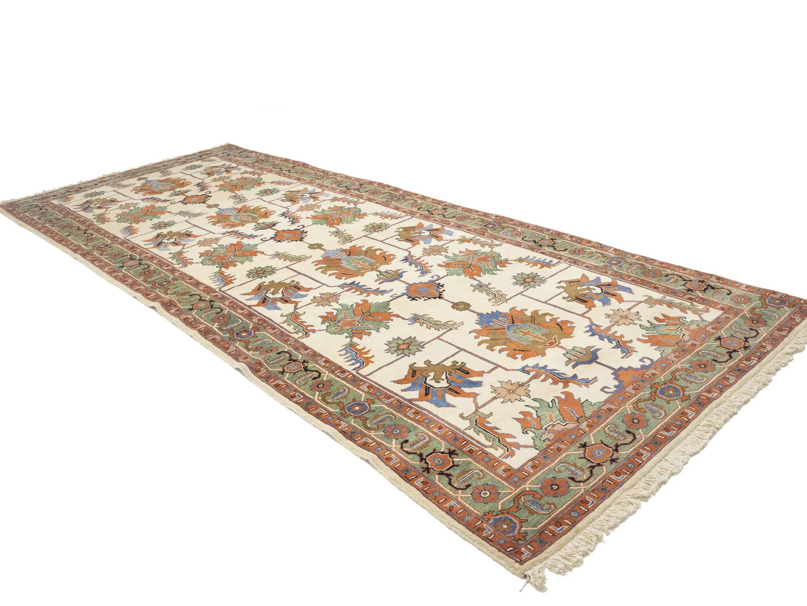 Cream Geometric Floral 7X17 Heriz Persian Rug - 3
