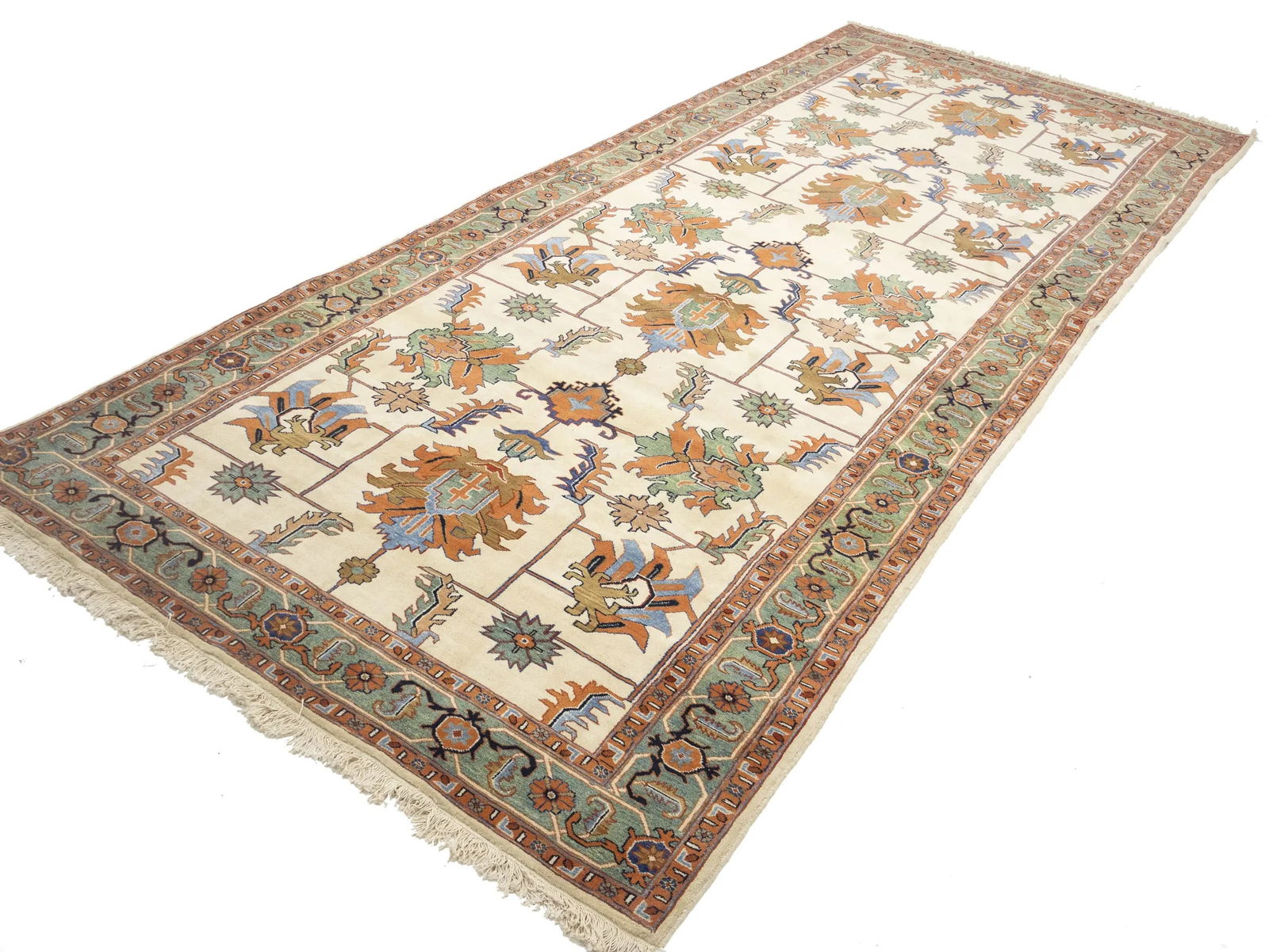 Cream Geometric Floral 7X17 Heriz Persian Rug - 4