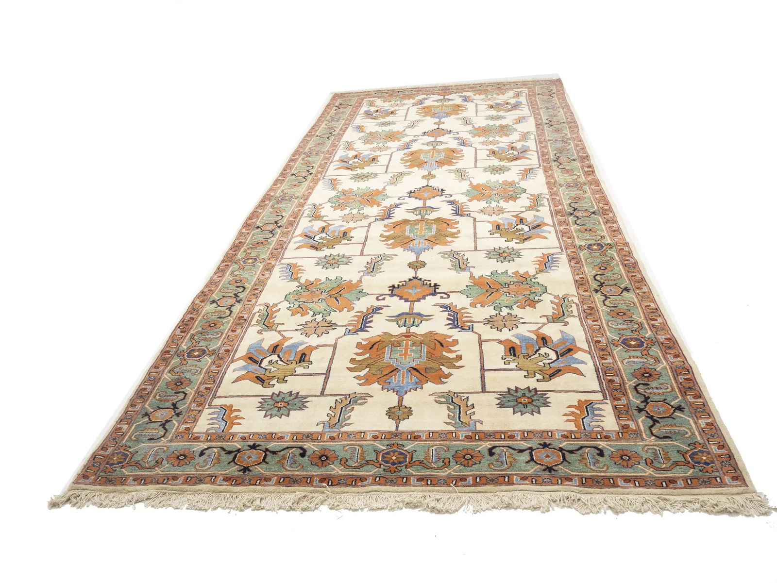Cream Geometric Floral 7X17 Heriz Persian Rug - 5