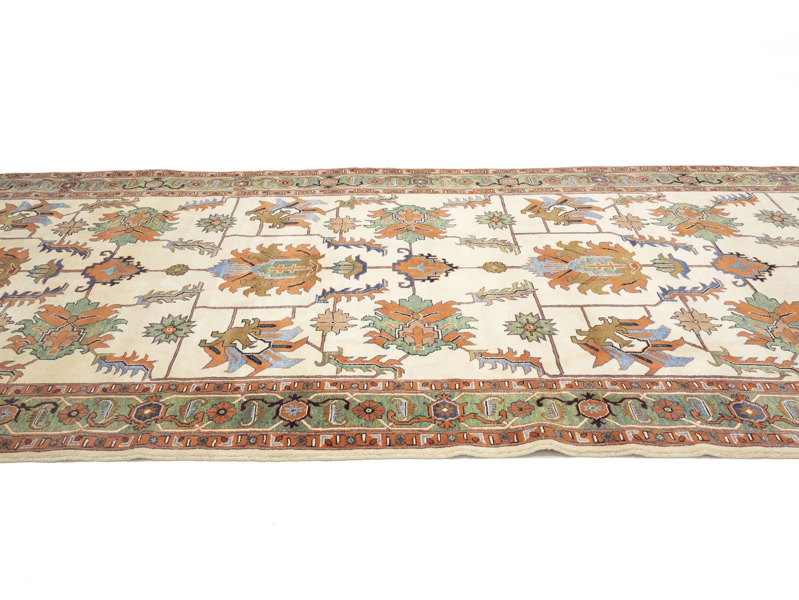 Cream Geometric Floral 7X17 Heriz Persian Rug - 6