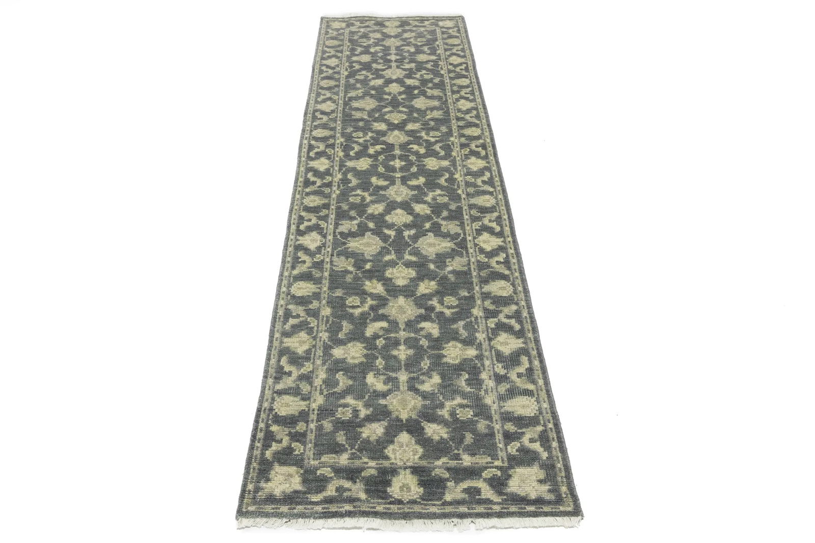 Muted Dark Slate Floral 2'5X12'4 Transitional Oriental Runner Rug - 2
