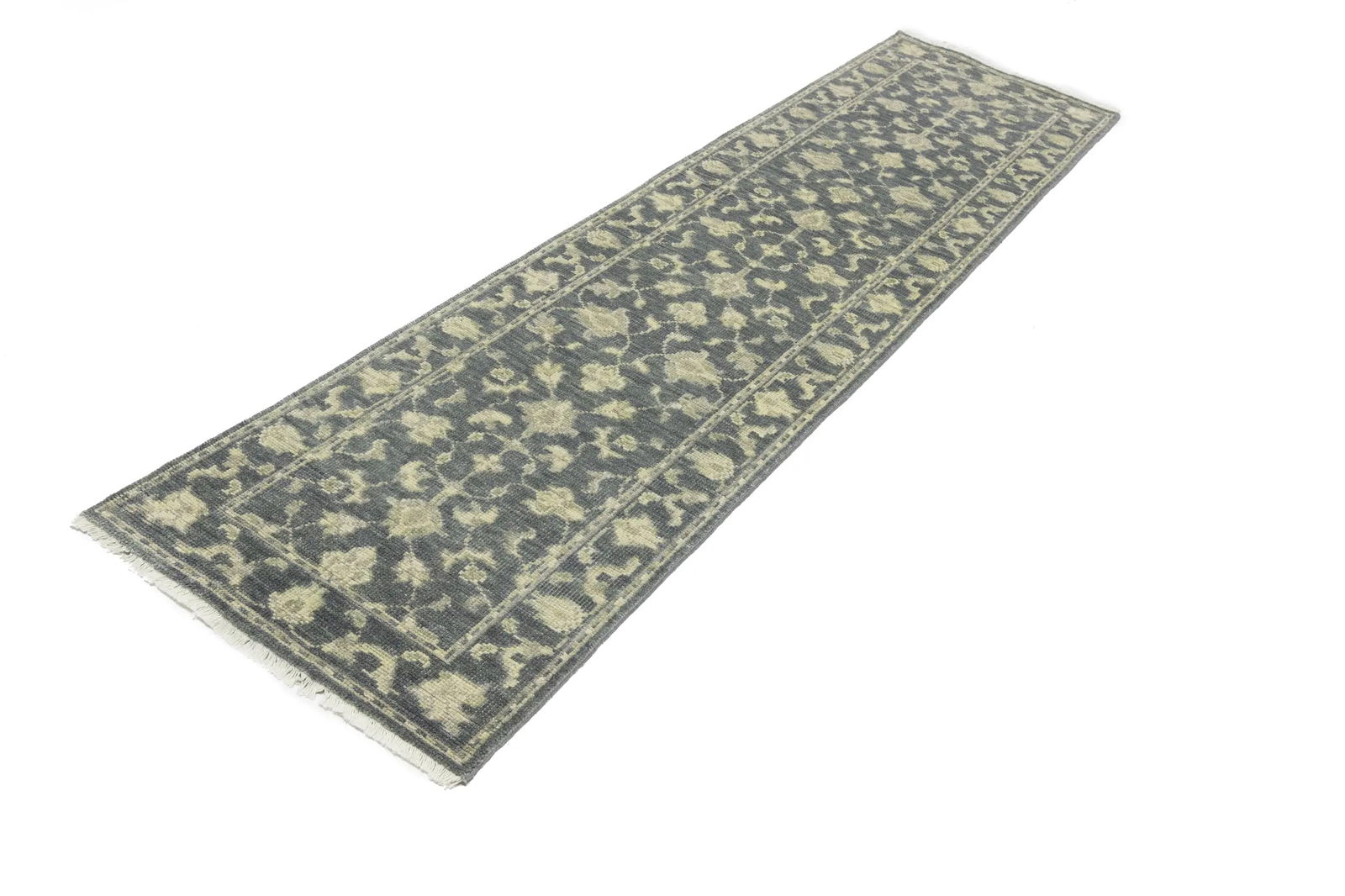 Muted Dark Slate Floral 2'5X12'4 Transitional Oriental Runner Rug - 3