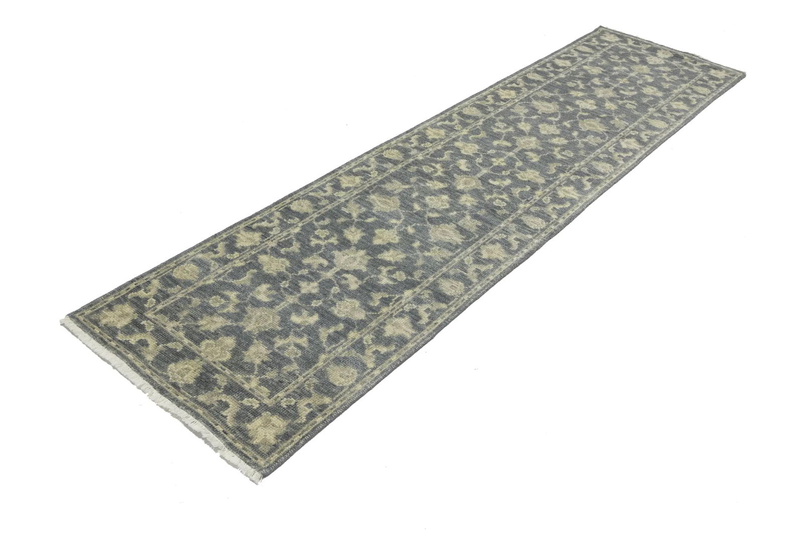 Muted Dark Slate Floral 2'5X12'4 Transitional Oriental Runner Rug - 5