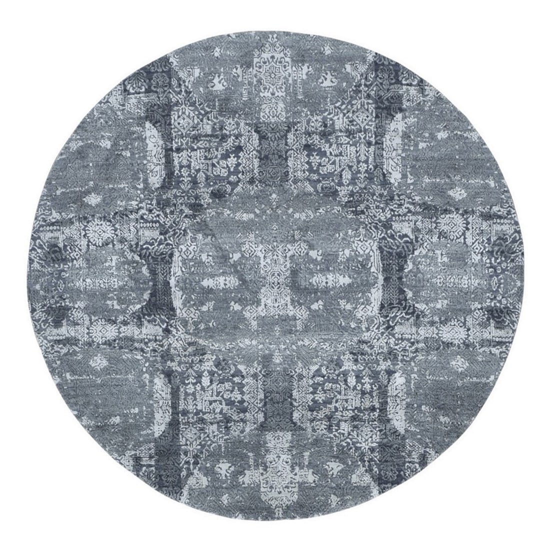 Gray Wool & Pure Silk Jewellery Design Hand Knotted Round Oriental Rug: Title: Gray Wool & Pure Silk Jewellery Design Hand Knotted Round Oriental Rug Description: This is a truly genuine one-of-a-kind. It has been Knotted for months and months in the centuries-old weaving