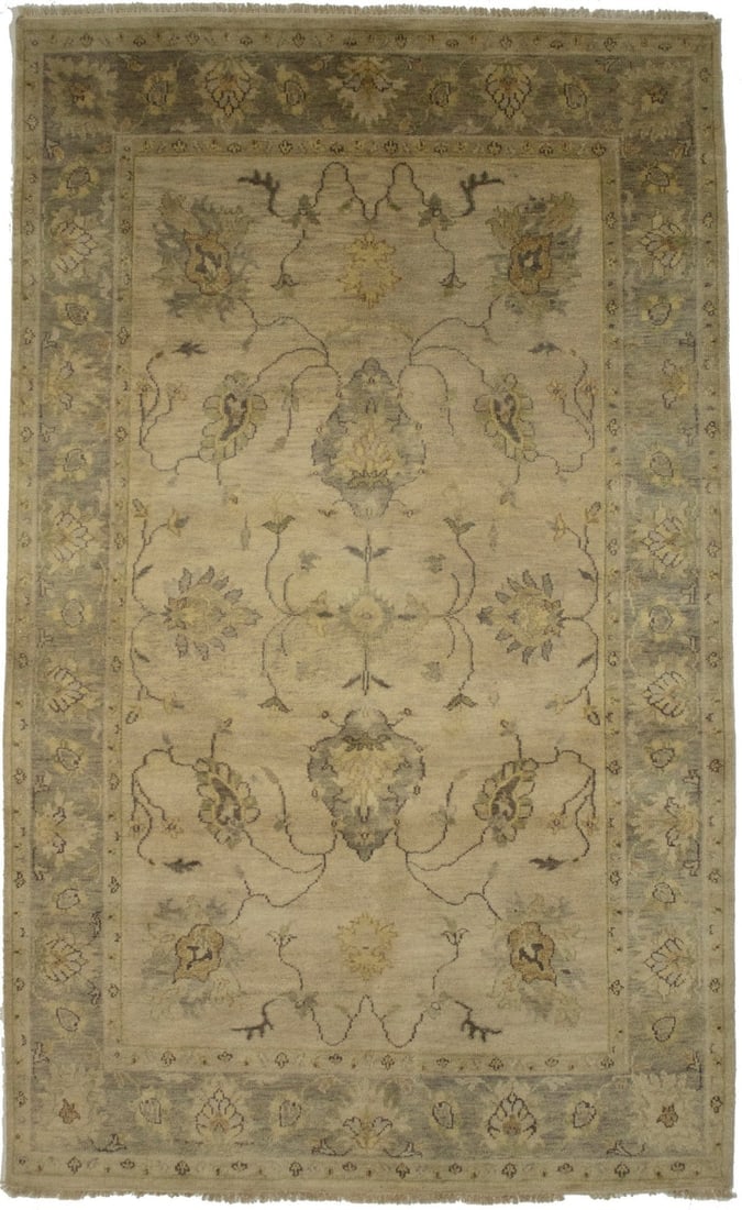 Beige Floral 5'7X8'7 Muted Oushak Chobi Oriental Rug: Title: Beige Floral 5'7X8'7 Muted Oushak Chobi Oriental Rug Description:Hand Knotted 5'4X8'8 beige oriental rug made with vegetable dyes (fine wool pile and cotton foundation), exceptional knot count,