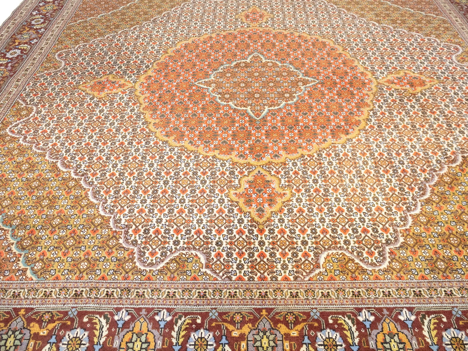 Cream Floral Geometric 8X8 Tabriz Fish Mahi Oriental Rug - 11