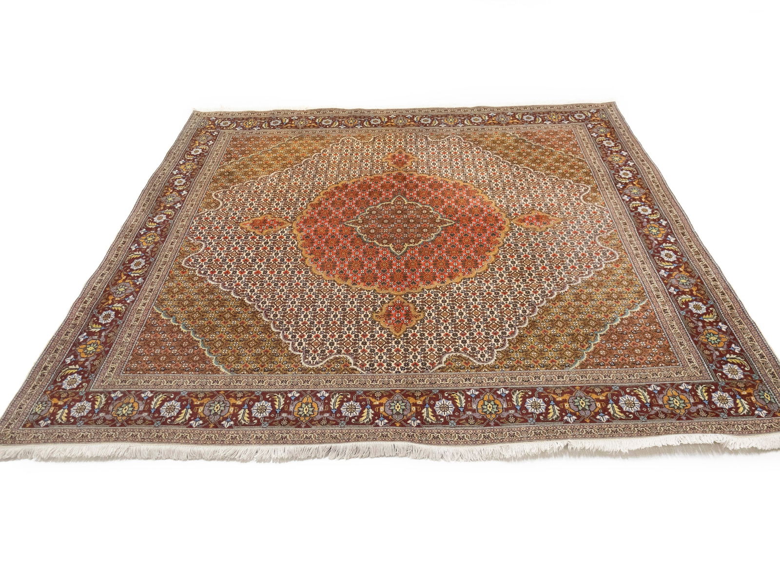 Cream Floral Geometric 8X8 Tabriz Fish Mahi Oriental Rug - 2