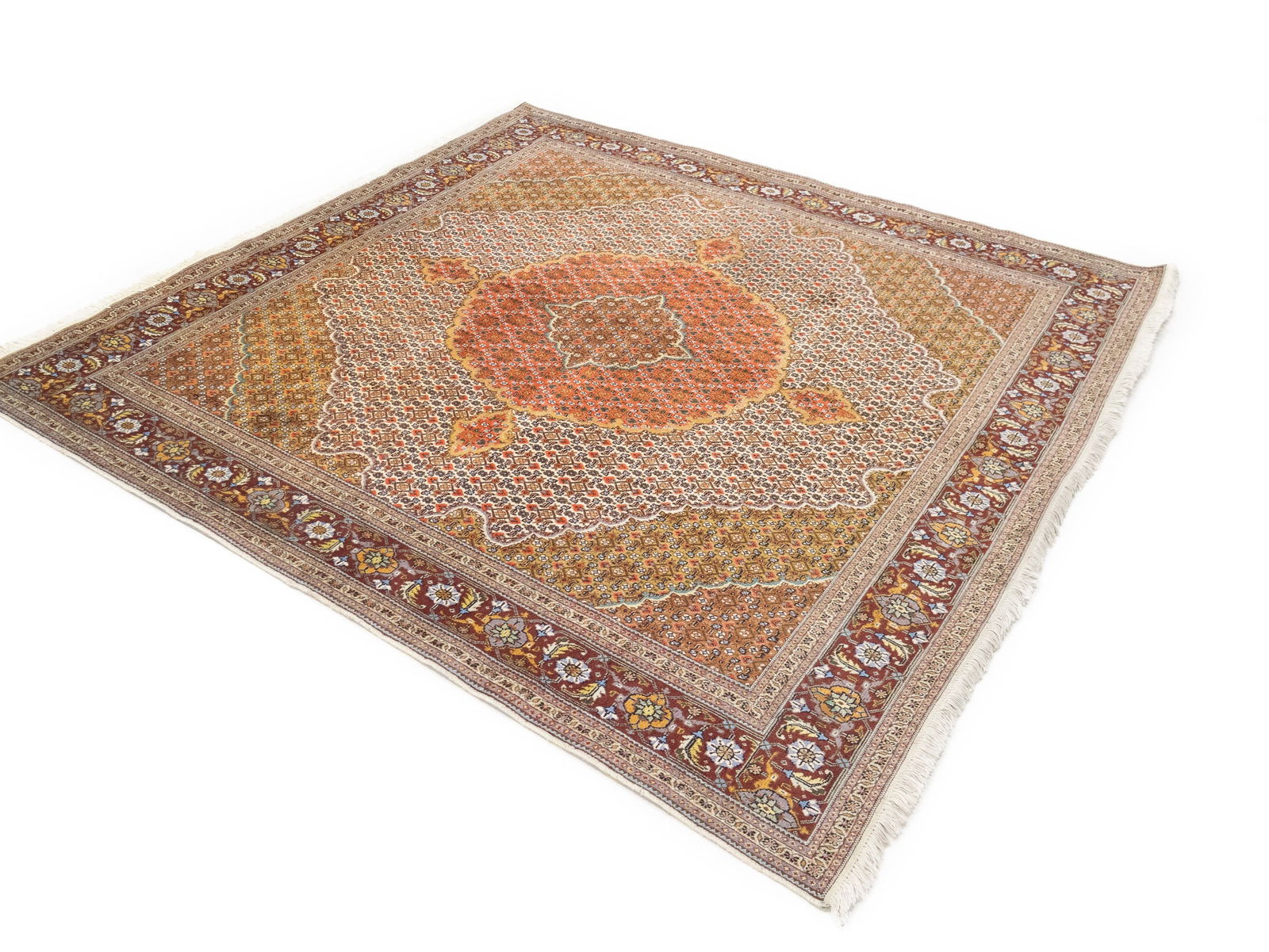 Cream Floral Geometric 8X8 Tabriz Fish Mahi Oriental Rug - 3