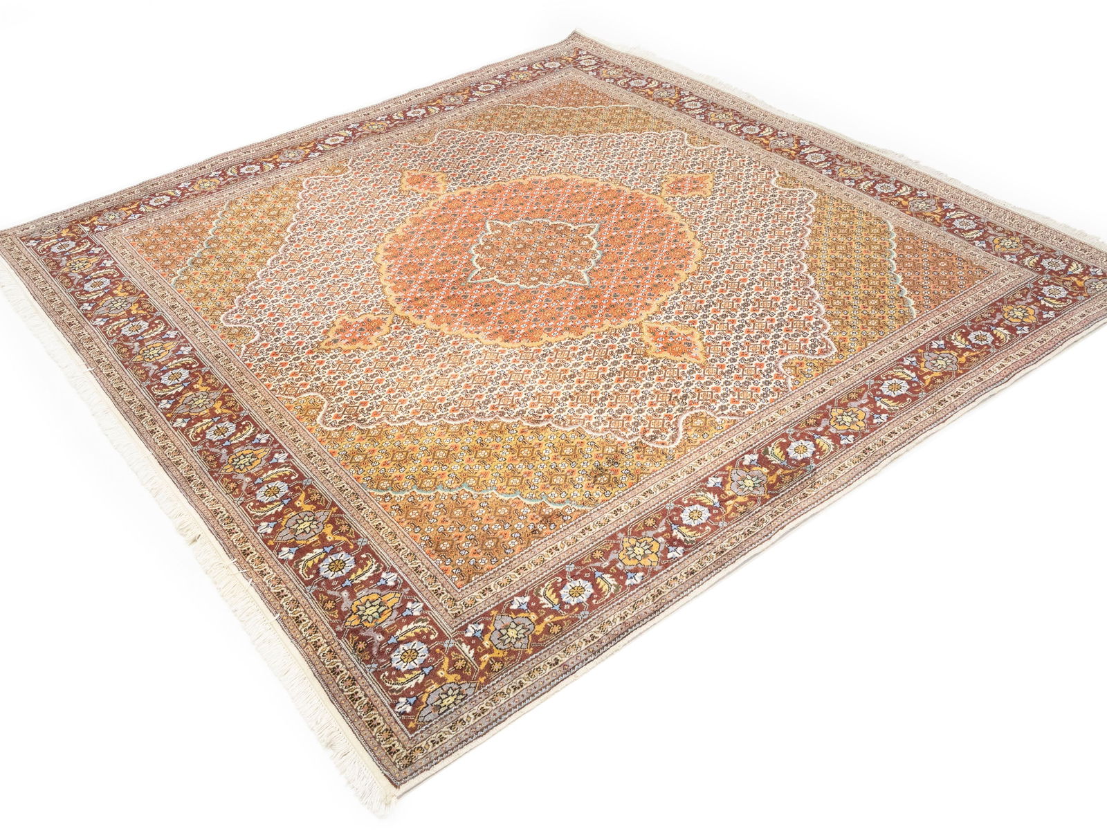 Cream Floral Geometric 8X8 Tabriz Fish Mahi Oriental Rug - 4