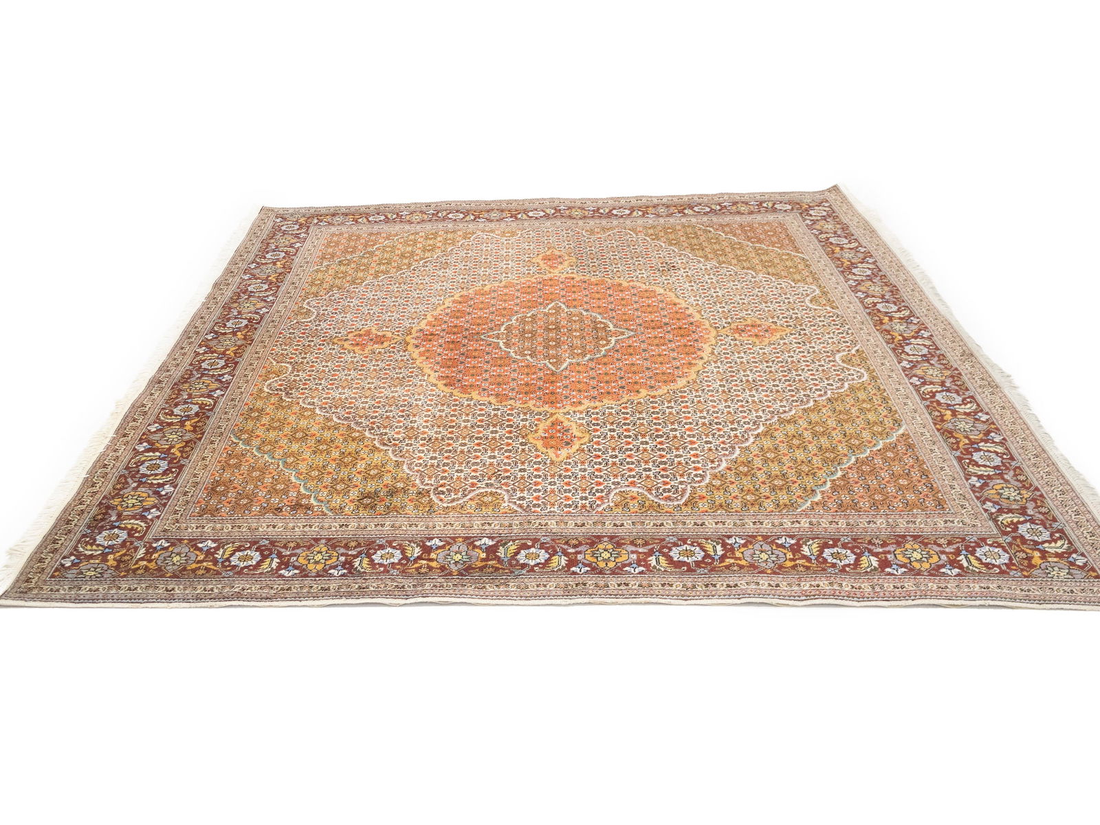 Cream Floral Geometric 8X8 Tabriz Fish Mahi Oriental Rug - 5