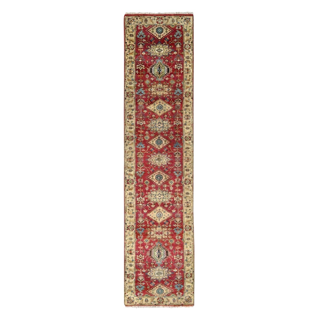 Fire Brick Red, Karajeh Design, Pure Wool, Hand Knotted Runner Rug: Title: Fire Brick Red, Karajeh Design, Pure Wool, Hand Knotted Runner Rug Description: This is a truly genuine one-of-a-kind. It has been Knotted for months and months in the centuries-old weaving cra