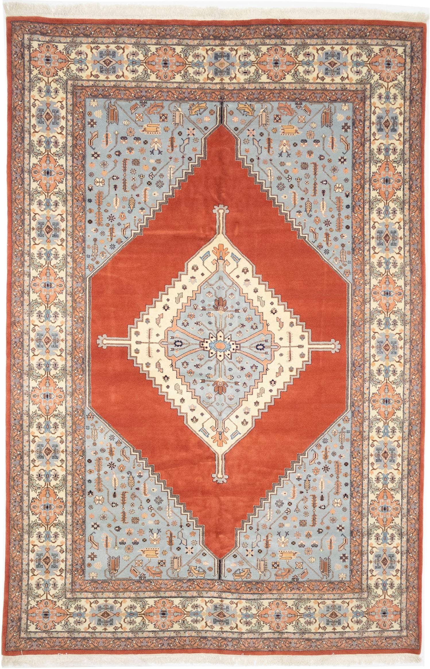 Floral Red 11X16 Indo Heriz Oriental Rug: Title: Floral Red 11X16 Indo Heriz Oriental Rug Description:Handmade 9X12 cream oriental rug made with vegetable dyes (fine wool pile and cotton foundation), exceptional knot count, and appealing anci