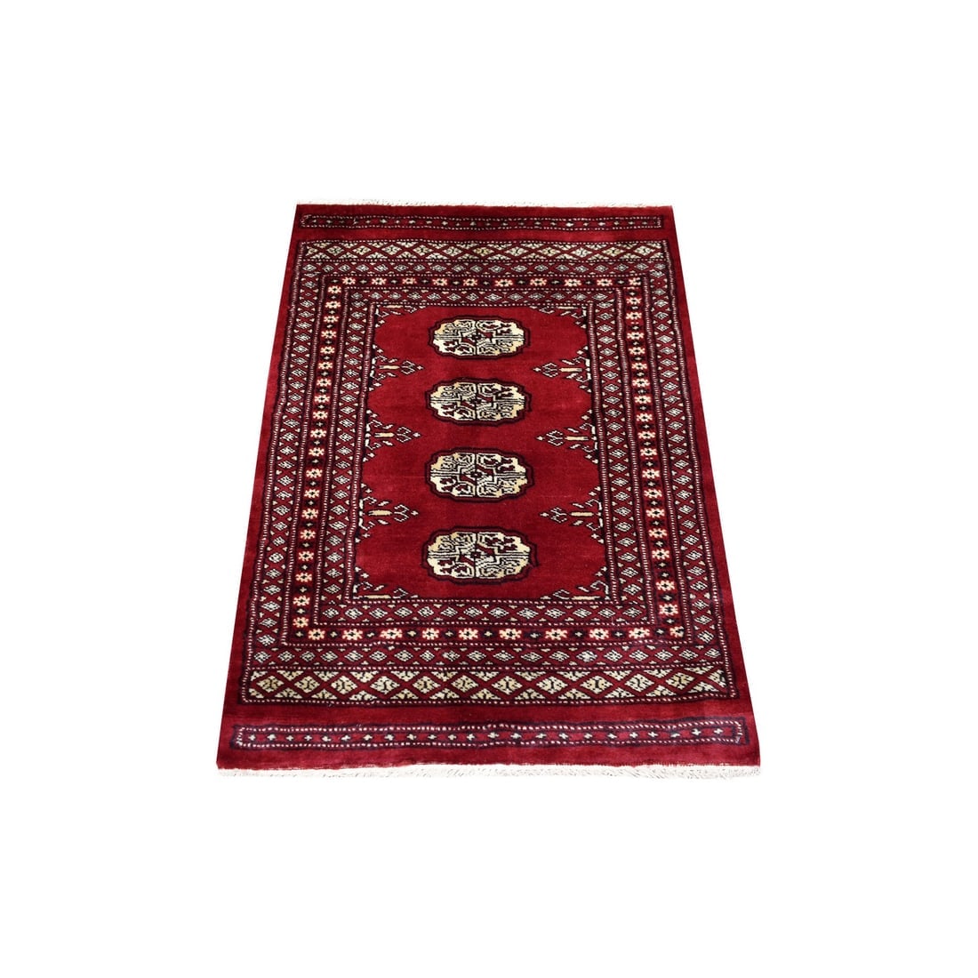 Hand Knotted Mori Bokara Deep Red Pure Wool Rug: Title: Hand Knotted Mori Bokara Deep Red Pure Wool Rug Description: This is a truly genuine one-of-a-kind. It has been Knotted for months and months in the centuries-old weaving craftsmanship techniqu