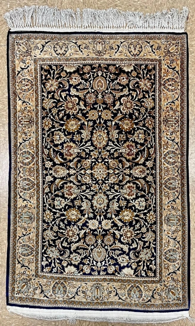 Hand-Knotted Semi-Antique Persian Qum 100% Silk 3'6" x 5'5" Navy Blue Oriental Rug - 10