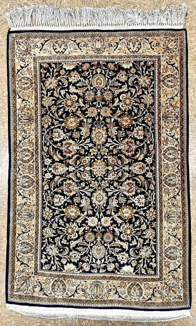 Hand-Knotted Semi-Antique Persian Qum 100% Silk 3'6" x 5'5" Navy Blue Oriental Rug - 2