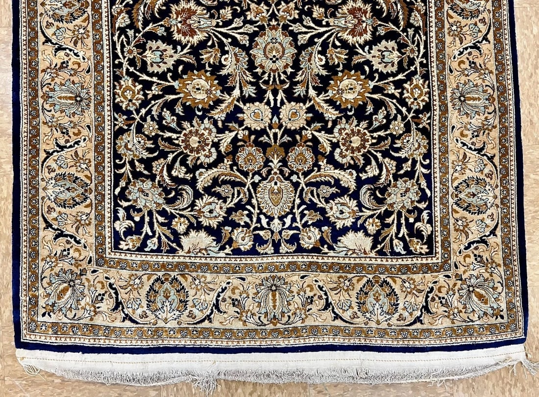 Hand-Knotted Semi-Antique Persian Qum 100% Silk 3'6" x 5'5" Navy Blue Oriental Rug - 3