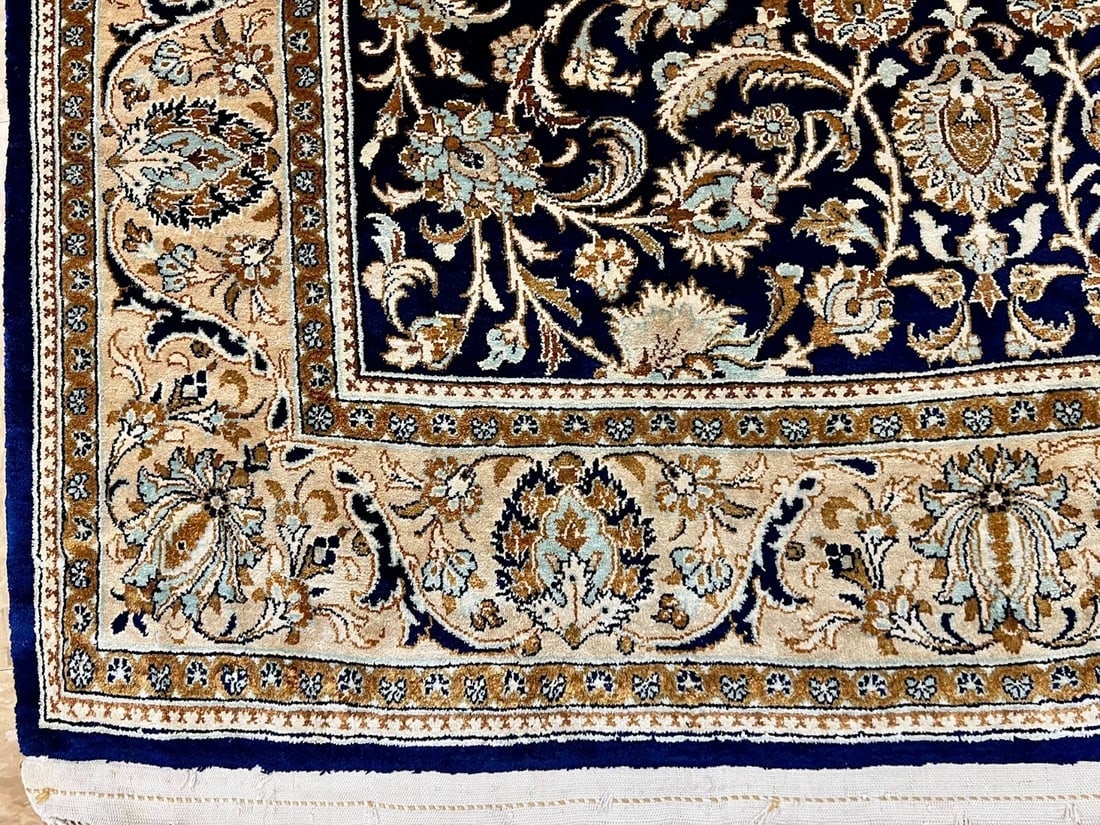 Hand-Knotted Semi-Antique Persian Qum 100% Silk 3'6" x 5'5" Navy Blue Oriental Rug - 7