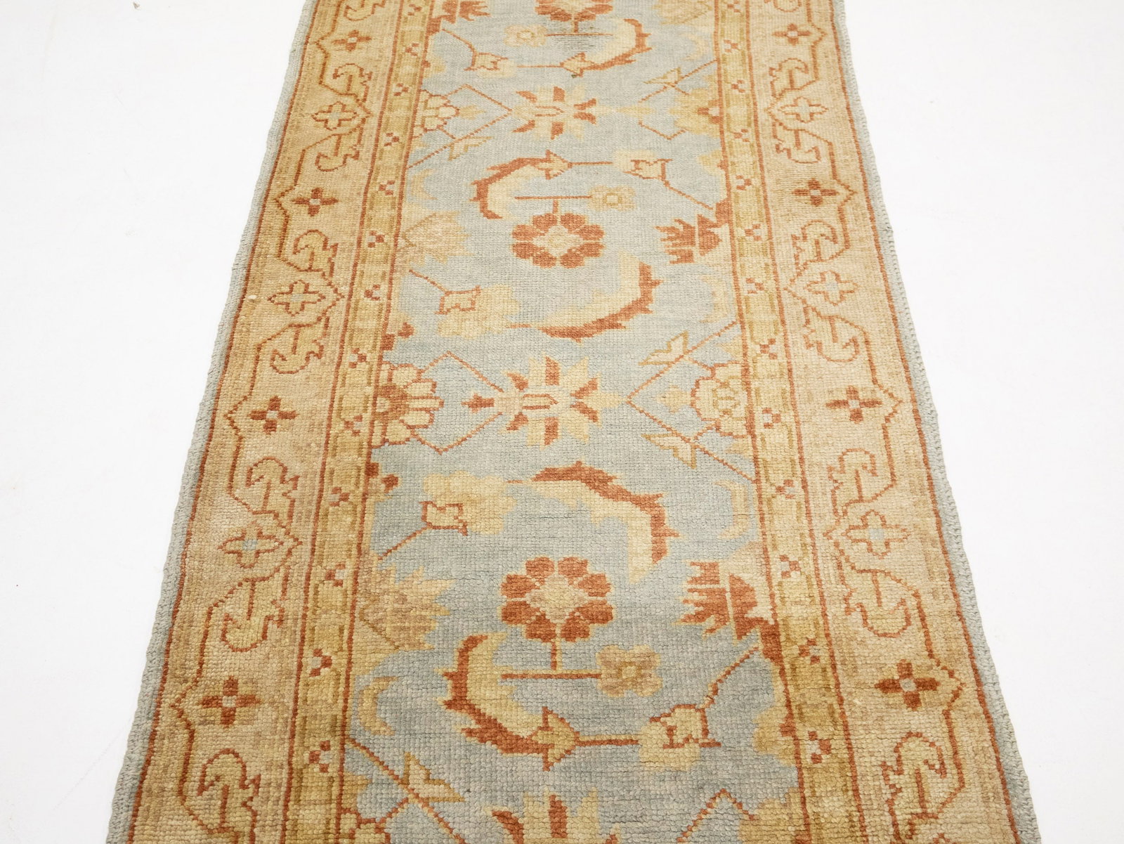 Light Blue Floral Oushak 3X12 Turkish Oriental Runner Rug - 12