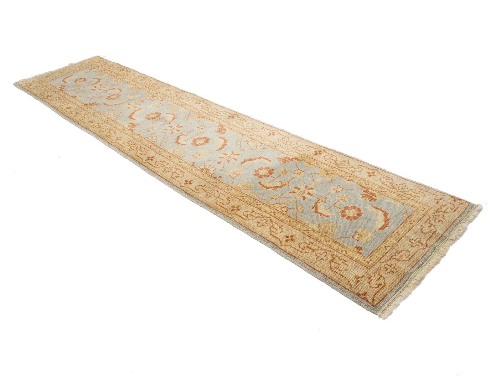 Light Blue Floral Oushak 3X12 Turkish Oriental Runner Rug - 3