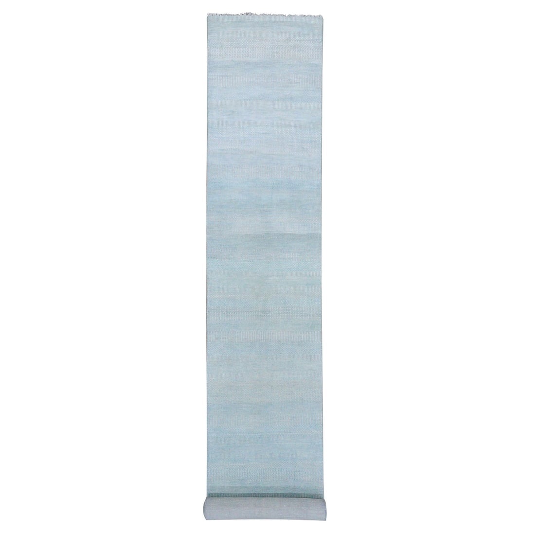 Blue, Hand Knotted Modern Grass Design Wool and Silk XL Runner Rug: Title: Blue, Hand Knotted Modern Grass Design Wool and Silk XL Runner Rug Description: This is a truly genuine one-of-a-kind. It has been Knotted for months and months in the centuries-old weaving cra