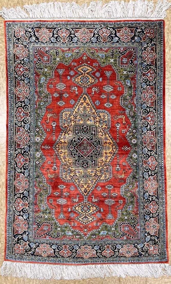 Hand-Knotted Persian Qum 100% Silk Birds Rust Geometric Semi-Antique Oriental Area Rug 3'4" x 5'1": Title:Hand-Knotted Persian Qum 100% Silk Birds Rust Geometric Semi-Antique Oriental Area Rug 3'4" x 5'1" Description :• Rug Number: 231 • Country of Origin: Iran • Style, Design: Per