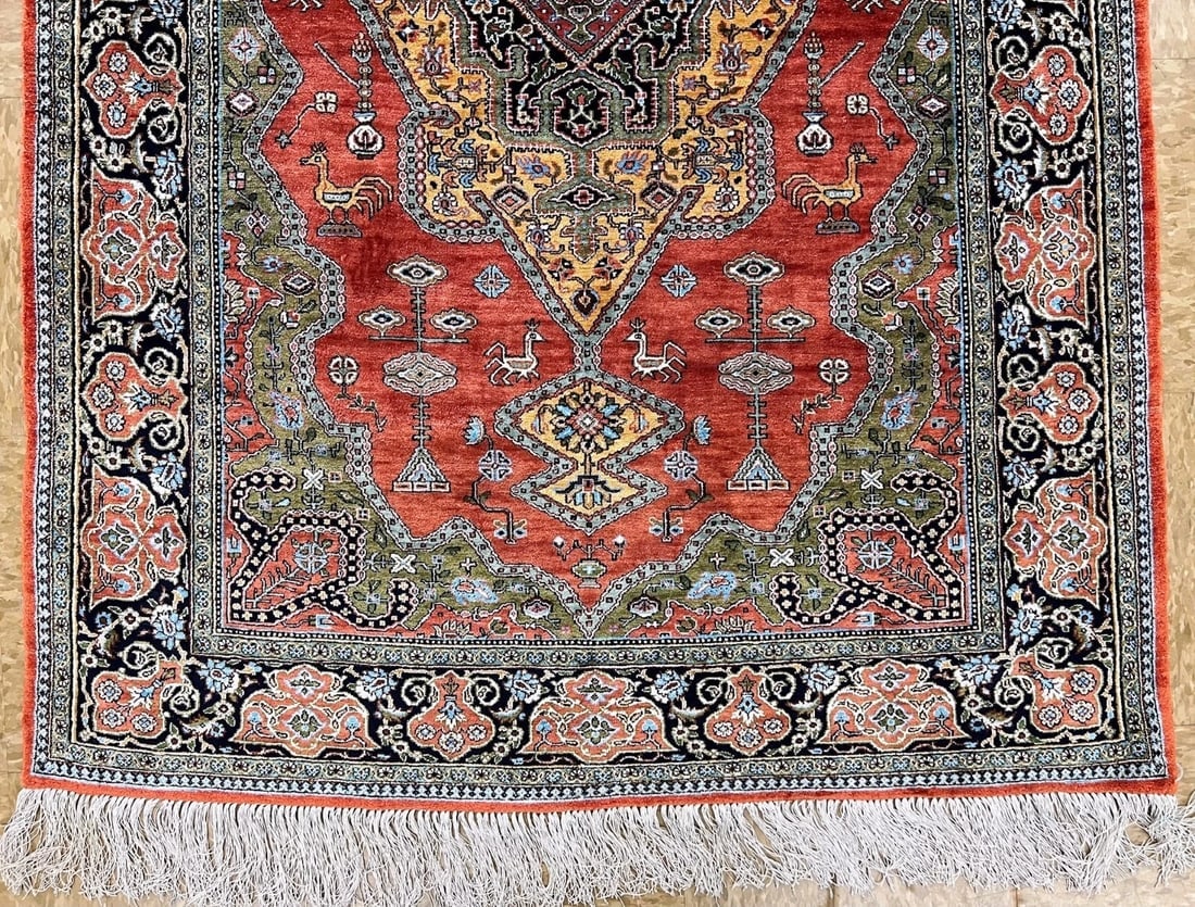 Hand-Knotted Persian Qum 100% Silk Birds Rust Geometric Semi-Antique Oriental Area Rug 3'4" x 5'1" - 3
