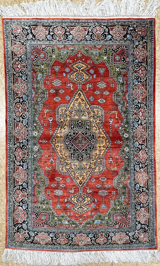 Hand-Knotted Persian Qum 100% Silk Birds Rust Geometric Semi-Antique Oriental Area Rug 3'4" x 5'1" - 6