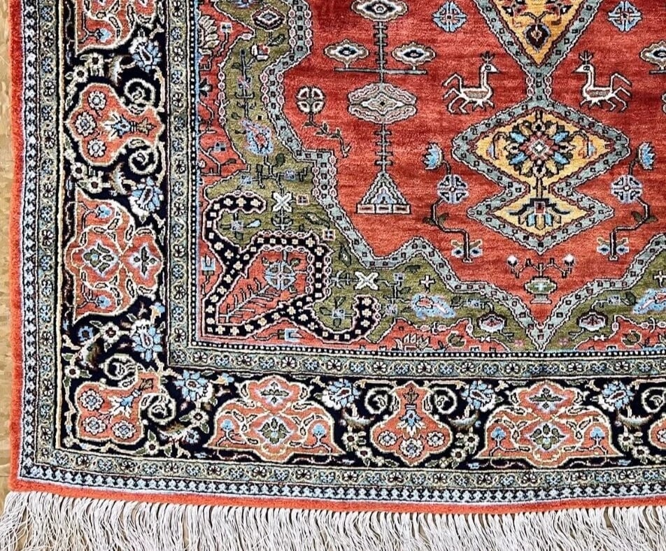 Hand-Knotted Persian Qum 100% Silk Birds Rust Geometric Semi-Antique Oriental Area Rug 3'4" x 5'1" - 7