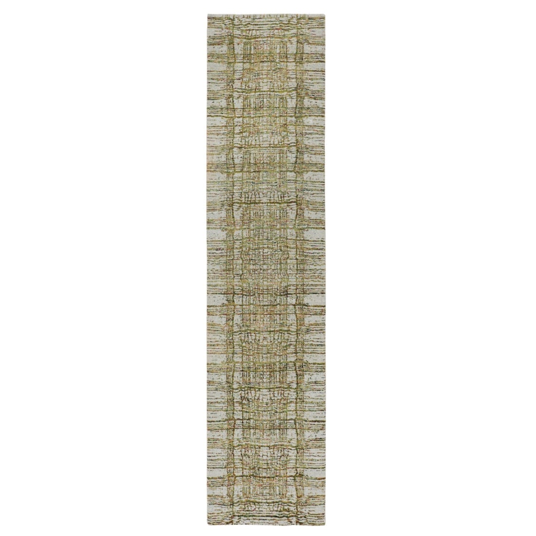 Gray Fine jacquard Modern Wool and Art Silk Runner Hand Loomed Rug: Title: Gray Fine jacquard Modern Wool and Art Silk Runner Hand Loomed Rug Description: This is a truly genuine one-of-a-kind. It has been Knotted for months and months in the centuries-old weaving cra