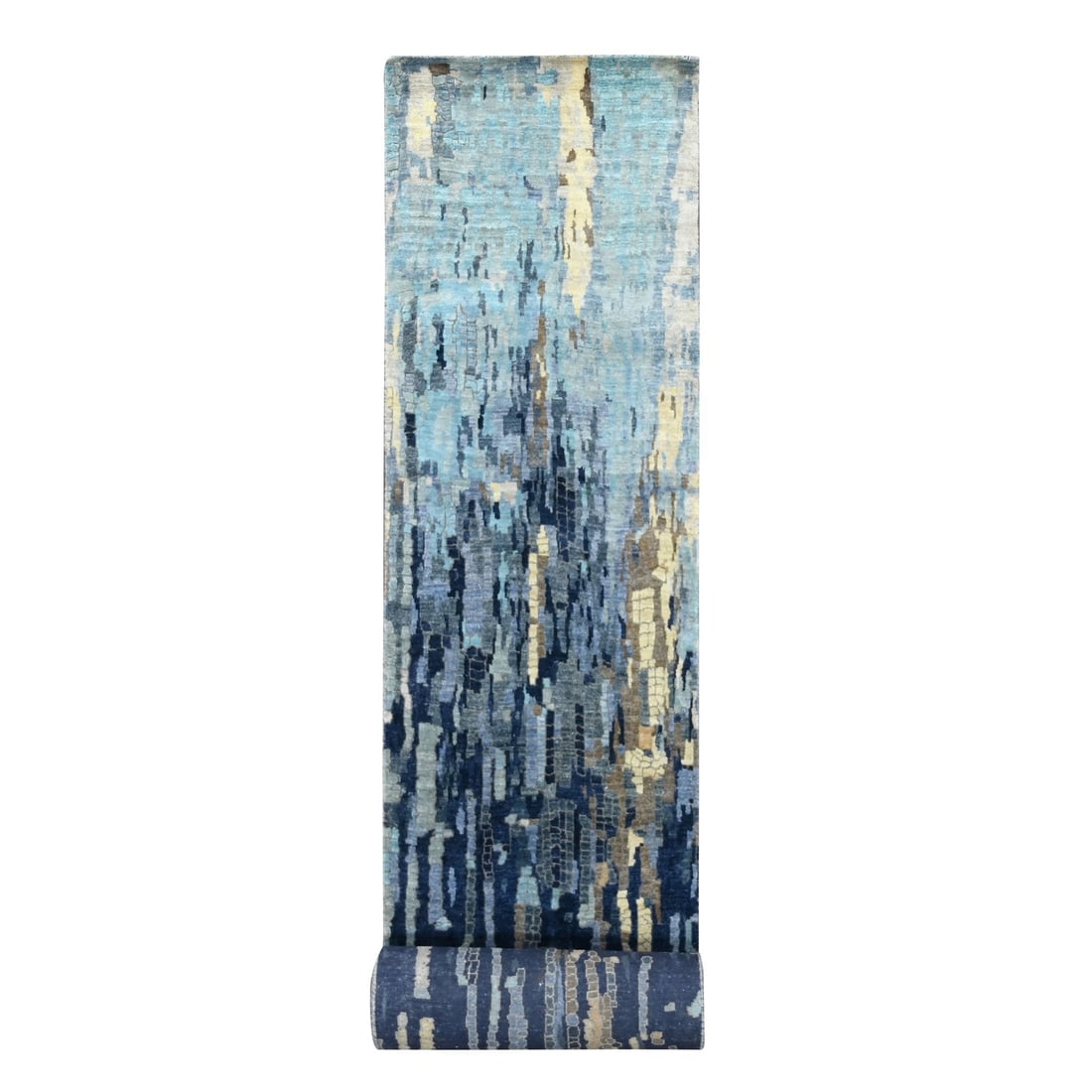 Prussian Blue Mosaic Design Wool and Silk Hand Knotted XL Runner Rug: Title: Prussian Blue Mosaic Design Wool and Silk Hand Knotted XL Runner Rug Description: This is a truly genuine one-of-a-kind. It has been Knotted for months and months in the centuries-old weaving c