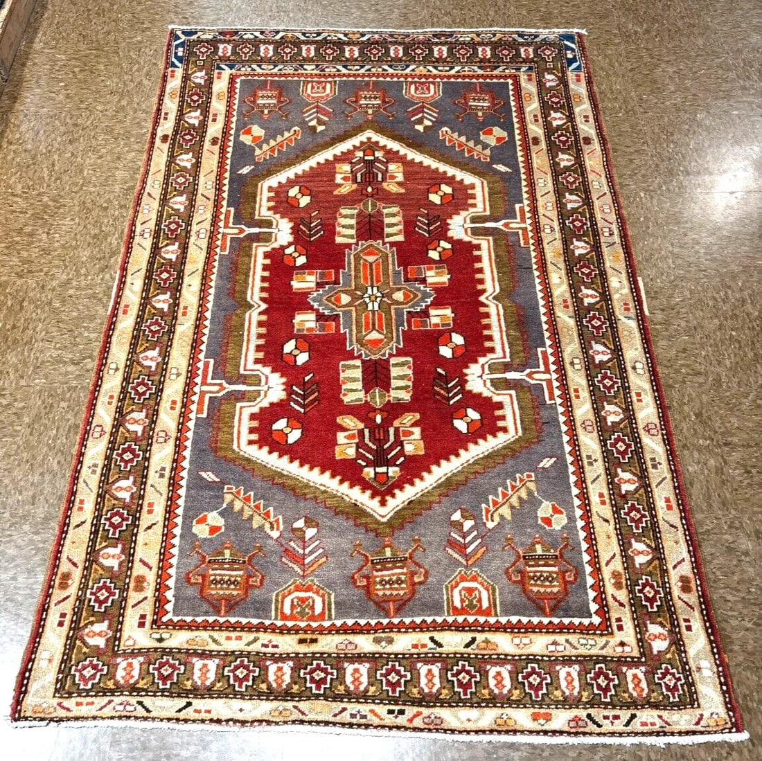 Hand-Knotted Persian Zanjan Geometric Vintage Tribal Wool Oriental Area Rug 4'2" x 6'8" - 14