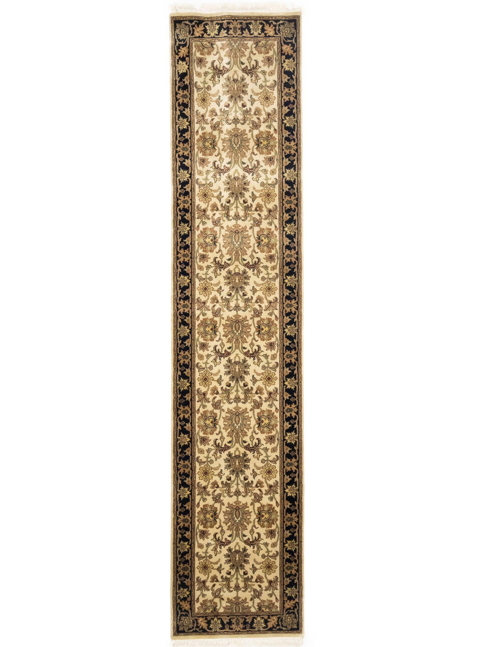 Cream Floral Classic 2'7X12 Agra Jaipur Oriental Runner Rug: Title: Cream Floral Classic 2'7X12 Agra Jaipur Oriental Runner Rug Description:Handmade 2'7X12 cream oriental runner rug made with vegetable dyes (fine wool pile and cotton foundation), exceptional kn
