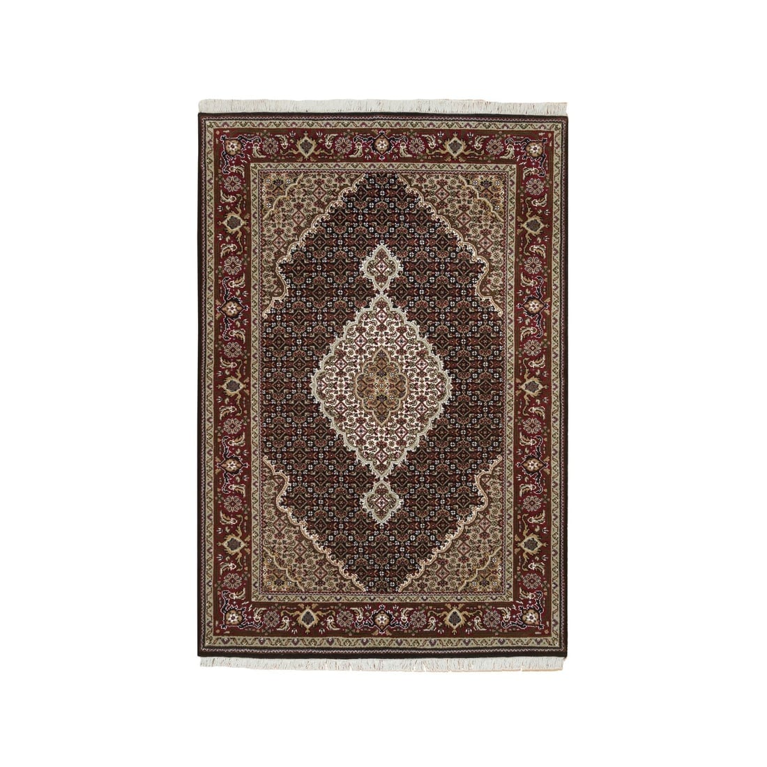 Rich Black Tabriz Mahi Design 175 KPSI Hand Knotted Wool Oriental Rug: Title: Rich Black Tabriz Mahi Design 175 KPSI Hand Knotted Wool Oriental Rug Description: This is a truly genuine one-of-a-kind. It has been Knotted for months and months in the centuries-old weaving