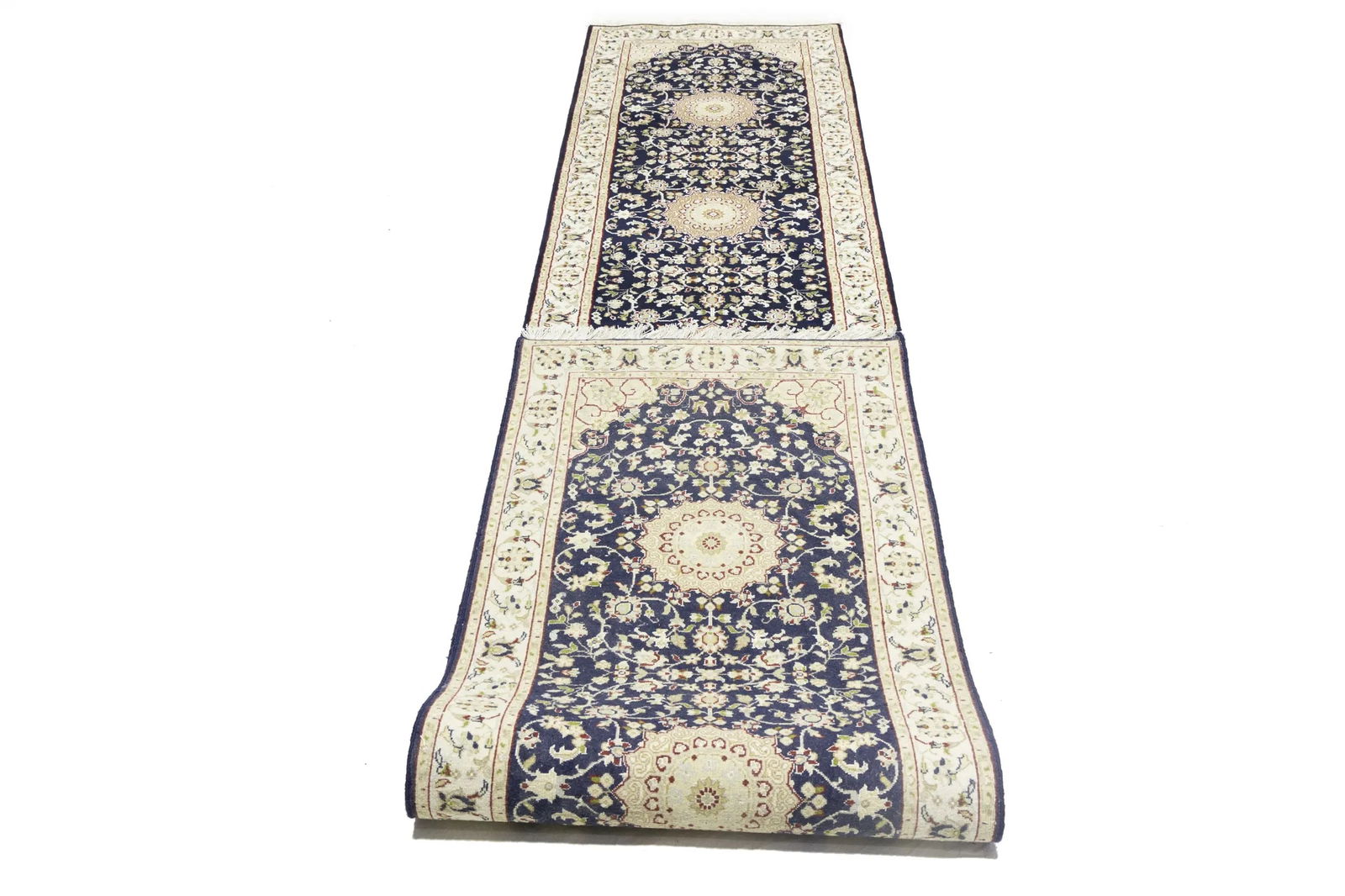 Dark Navy Floral 3X14 Indo-Nain Oriental Runner Rug - 16