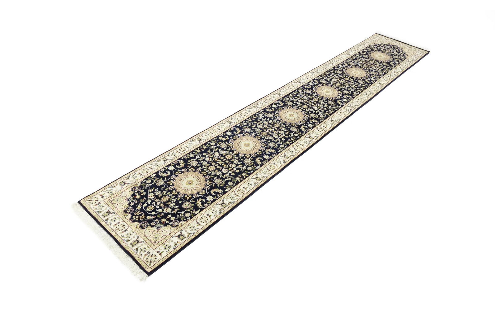 Dark Navy Floral 3X14 Indo-Nain Oriental Runner Rug - 3