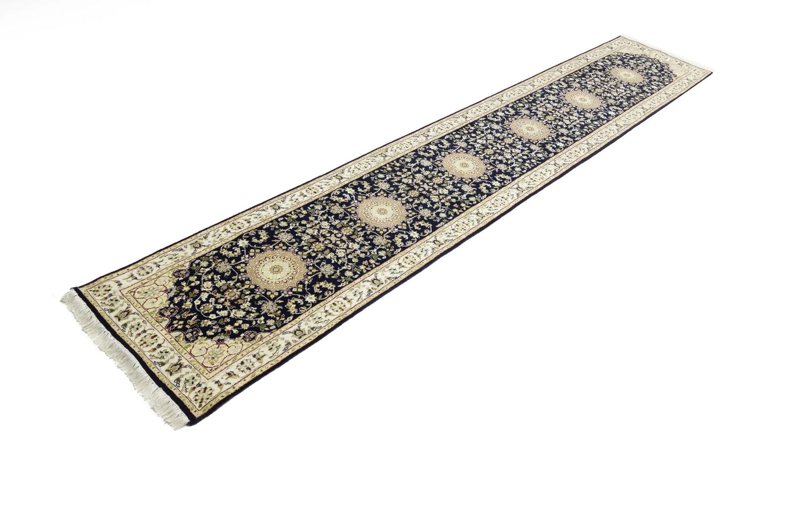 Dark Navy Floral 3X14 Indo-Nain Oriental Runner Rug - 5