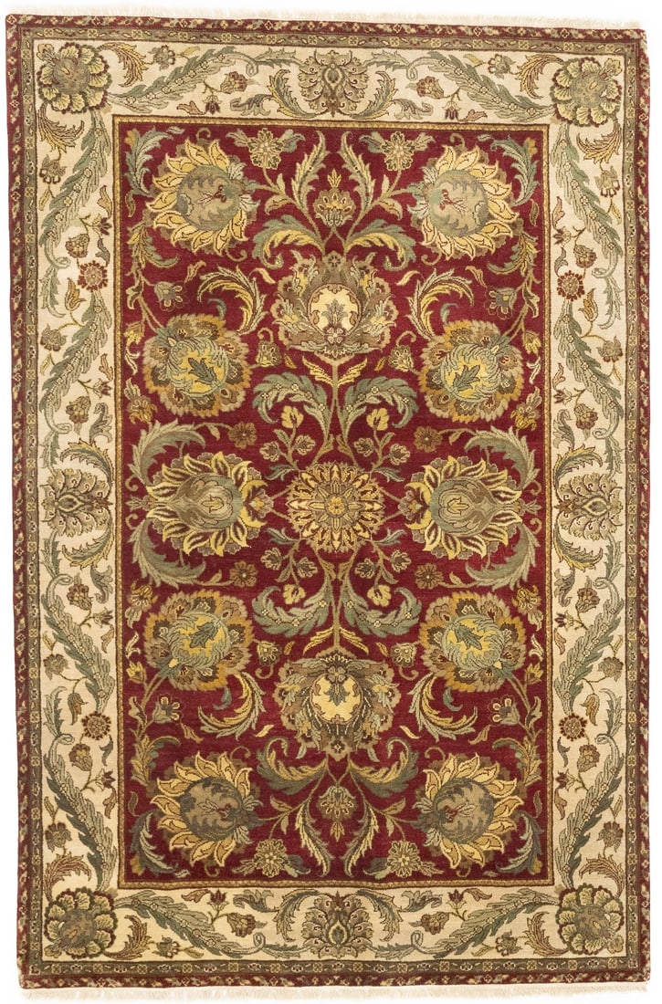 Red Floral Classic 6X9 Agra Jaipur Oriental Rug: Title: Red Floral Classic 6X9 Agra Jaipur Oriental Rug Description:Handmade 6X9 red oriental rug made with vegetable dyes (fine wool pile and cotton foundation), exceptional knot count, and appealing