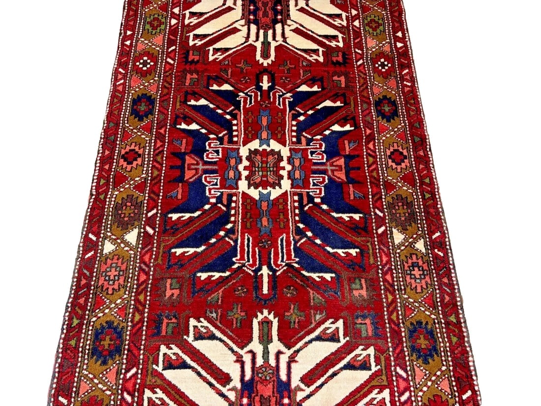 Hand-Knotted Karajeh Runner Red Wool Tribal Geometric Oriental Rug 3'7" x 9'8" - 4